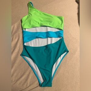 Pink Lily Lime and Teal One-Shoulder Swimsuit | Size Medium